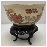 Vintage Japanese Kutani Bowl With Wood Base (Crazing Present Throughout Clearcoat) 3 3/4" T x 7 1/2"