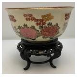 Vintage Japanese Kutani Bowl With Wood Base (Crazing Present Throughout Clearcoat) 3 3/4" T x 7 1/2"