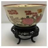 Vintage Japanese Kutani Bowl With Wood Base (Crazing Present Throughout Clearcoat) 3 3/4" T x 7 1/2"