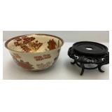 Vintage Japanese Kutani Bowl With Wood Base (Crazing Present Throughout Clearcoat) 3 3/4" T x 7 1/2"
