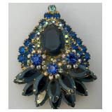 Vintage Large Juliana Multi Blue Colored Rhinestone Brooch 1 1/2" x 2 1/2"
