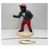 Vintage Heavy Cement Lawn Jockey With Fishing Pole And Fish 20"