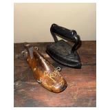 Antique Cast Iron Clothes Iron and Decorative Wooden Shoe Form