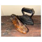 Antique Cast Iron Clothes Iron and Decorative Wooden Shoe Form