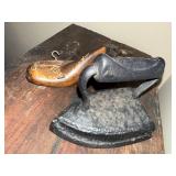 Antique Cast Iron Clothes Iron and Decorative Wooden Shoe Form