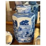Blue and White Porcelain Hexagonal Jar with Lid and 2 Fish-Shaped Bowls