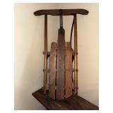 Vintage Wooden Snow Sled with Metal Runners and Steering Bar