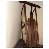 Vintage Wooden Snow Sled with Metal Runners and Steering Bar