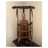 Vintage Wooden Snow Sled with Metal Runners and Steering Bar
