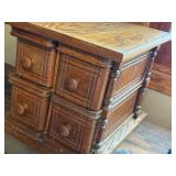 Vintage Wooden Four-Drawer Sewing Box with Decorative Detailing