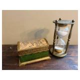 Decorative Brass Hourglass with Sand and Vintage Style Map Chest