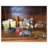 Vintage Collectibles Lot with Care Bear Mug, Wooden Blocks, Pottery, Figurines, and Ephemera