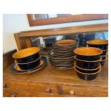 Ironstone Octagon USA Brown and Black Stoneware Dinnerware Set 8 Place Settings