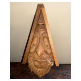 Hand-Carved Wooden Birdhouse Art with Whimsical Spirit Face and Pipe