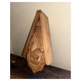 Hand-Carved Wooden Birdhouse Art with Whimsical Spirit Face and Pipe