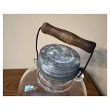 Vintage 12-Inch Glass Jug with Metal Lid and Wooden Handle