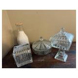 Collection of 3 Vintage Pressed Glass Candy Dishes and 1 Quart Milk Bottle