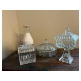 Collection of 3 Vintage Pressed Glass Candy Dishes and 1 Quart Milk Bottle