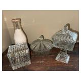Collection of 3 Vintage Pressed Glass Candy Dishes and 1 Quart Milk Bottle