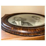Antique Oval Bubble Glass Portrait with Tiger Stripe Wood Frame, 23x17 Inches