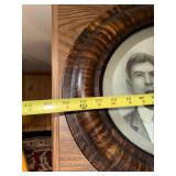 Antique Oval Bubble Glass Portrait with Tiger Stripe Wood Frame, 23x17 Inches