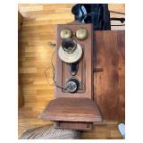 Antique Wooden Wall Telephone with Brass Bells and Crank