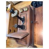 Antique Wooden Wall Telephone with Brass Bells and Crank