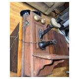 Antique Wooden Wall Telephone with Brass Bells and Crank
