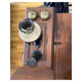 Antique Wooden Wall Telephone with Brass Bells and Crank