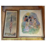 Pair of Framed Art Prints: Old Glory Flag & Jesus with Children