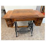 Vintage Treadle Sewing Machine in Ornate Wood Cabinet with Drawers