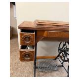 Vintage Treadle Sewing Machine in Ornate Wood Cabinet with Drawers