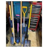Group of 5 Garden Tools Including Shovels, Rake, and Hoe
