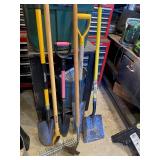 Group of 5 Garden Tools Including Shovels, Rake, and Hoe