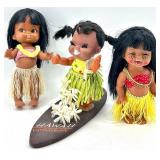 Set of 3 Vintage Forsum Hawaiian Dolls with Hula Outfits and Surfboard