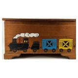 Vintage Wooden Toy Chest with Painted Train Motif