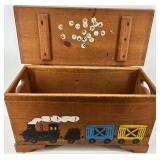 Vintage Wooden Toy Chest with Painted Train Motif
