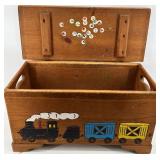 Vintage Wooden Toy Chest with Painted Train Motif