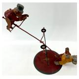 Vintage Circus Wire Balance Sculpture - Two Painted Figures on Red Base