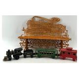 Handcrafted Wooden Train Display Shelf and Cast Iron Train Set