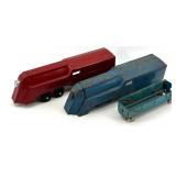 Marx Tin Toy Train Cars - Red Engine & Blue Boxcar & Open-Topped Gondola