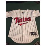 Joe Mauer Minnesota Twins white pinstripe baseball jersey. - Size Small