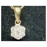 10K Yellow Gold Diamond Cluster Pendant Necklace. 16"
