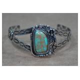 Silver Tone Cuff Bracelet - Turquoise Stone - Flowers