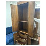 Tall Wooden Storage Cabinet with Shelves and Drawers, Brass Hardware - Cabinet one of two, matches Lot 4