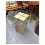 Glass Top Side Table with Stone Base and Brass Accents 22x24x22