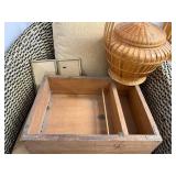 Vintage Wooden Drawer, Wicker Basket, and Brass Photo Frames Set