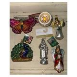 Set of 6 Holiday Glass Christmas Ornaments with Butterfly, Angel, Peacock, and More