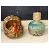 Vintage Ceramic Turkey Planter and Rustic Twine-Wrapped Vase