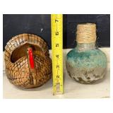Vintage Ceramic Turkey Planter and Rustic Twine-Wrapped Vase